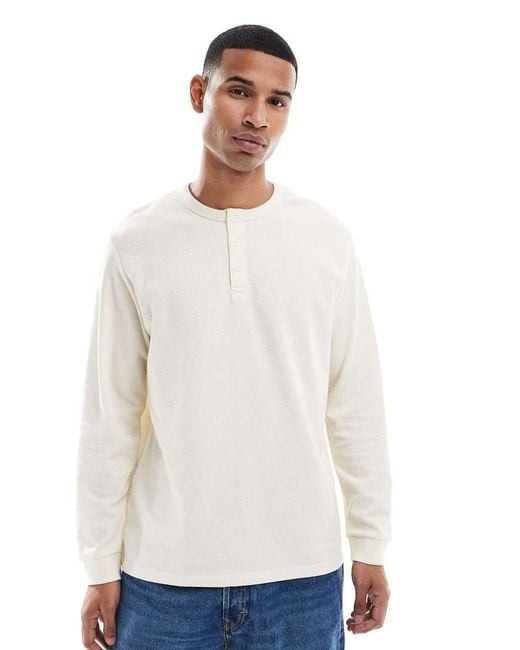 Jack & Jones White Long Sleeve Waffle Henley for men