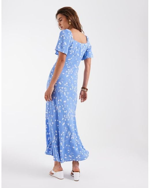 & Other Stories Blue Viscose Puff Sleeve Midaxi Dress With Twist Sweetheart Neckline
