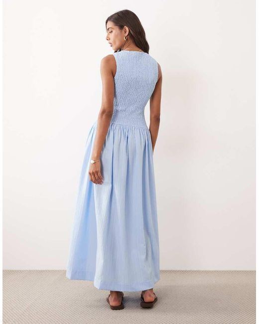 ASOS Blue Crinkle Scoop Neck Maxi Sundress With Shirred Waist