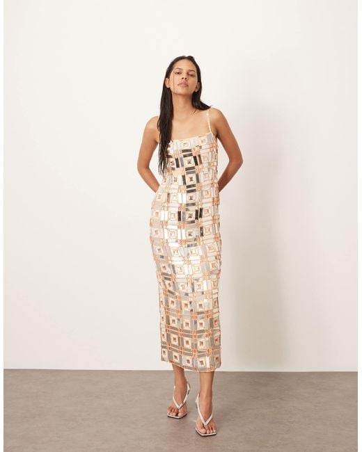 ARRANGE Geo Grid Embellished Cami Column Midi Dress in Natural | Lyst