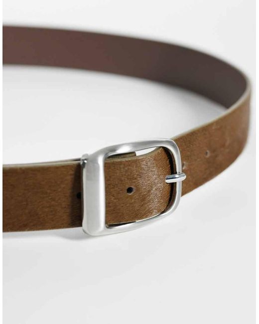 ASOS Brown Cowhide Hair Belt With Rounded Brushed Silver Buckle for men