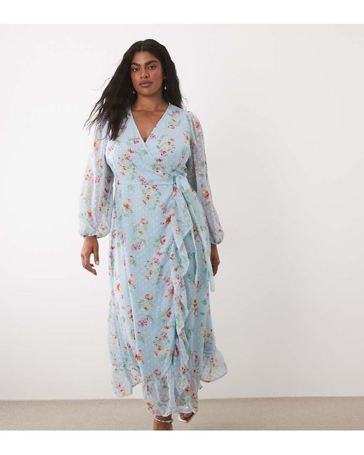 Vila Curve Blue Dobby Wrap Maxi Dress With Frill Detail