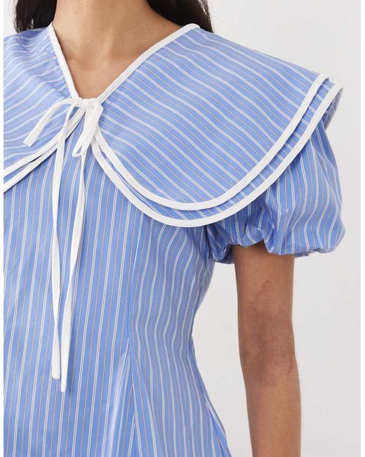 Sister Jane Blue Cotton-look Oversized Collar Puff Sleeve Mini Dress