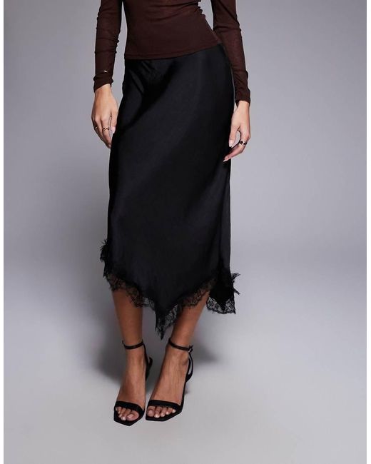 River Island Black Satin Skirt With Lace Detail