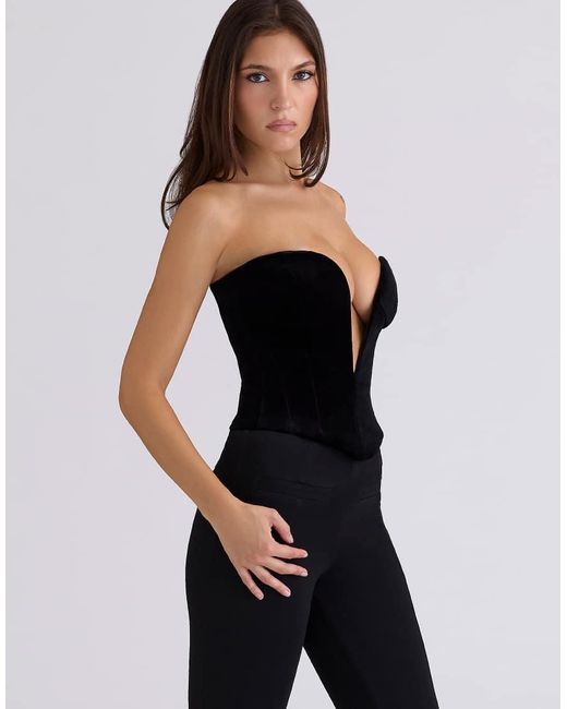 House Of Cb Black Vienne Velvet Deep Plunge Corset Top