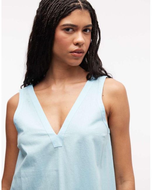 ASOS Blue Cotton Linen V Neck Smock Mini Dress