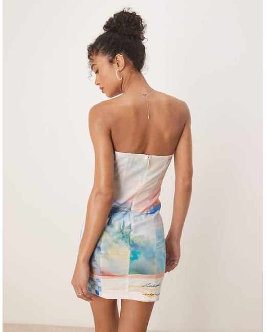 Vestido Corto Con Estampado De Postales Lavado Y Escote Palabra De Honor De Lino De (Parte De Un Conjunto) ASOS de color Multicolor