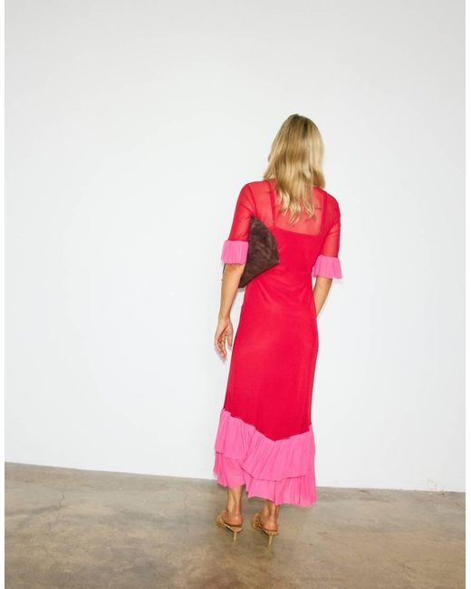 Never Fully Dressed Red Mesh Flutter Sleeve Ruffle Hem Midaxi Dress