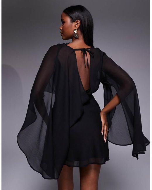 ASOS Black Drape Front Extreme Cape Sleeve Mini Dress
