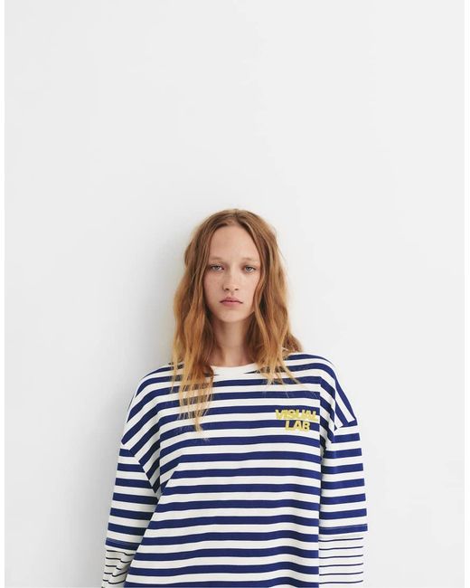 Pull&Bear Blue Striped Double Sleeve T-shirt