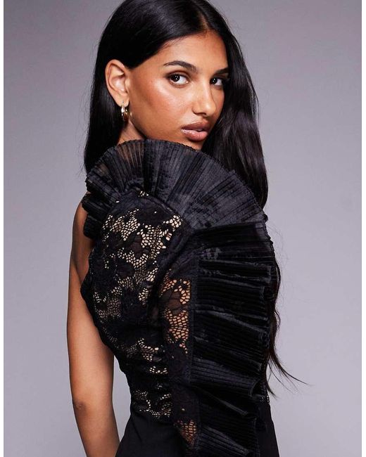 Goddiva Black One Shoulder Organza Fan Detail Lace Bodice Maxi Dress
