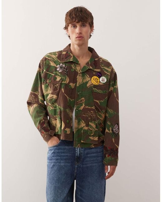 Deus Ex Machina Green Ahmisa Vintage Camo Jacket With Placement Embroidery And Pins for men
