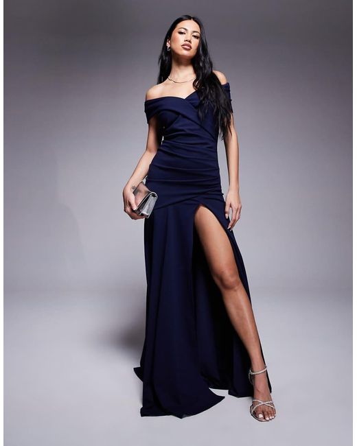 Goddiva Blue Scuba Crepe Off Shoulder Front Split Maxi Dress
