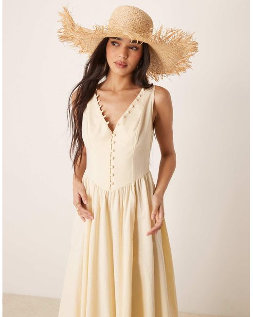ASOS Natural V Neck Button Through Maxi Dress With Dropped Waist