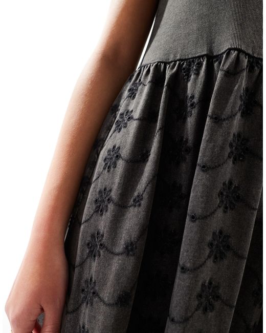 ASOS Black Ribbed Tank Midi Dress With Broderie Skirt
