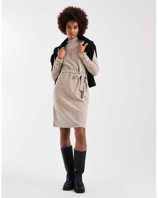 Vero Moda Natural High Neck Knitted Mini Dress With Tie Waist