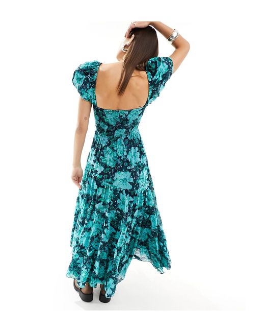 Free People Blue Puff Sleeve Floral Print Tiered Midaxi Dress