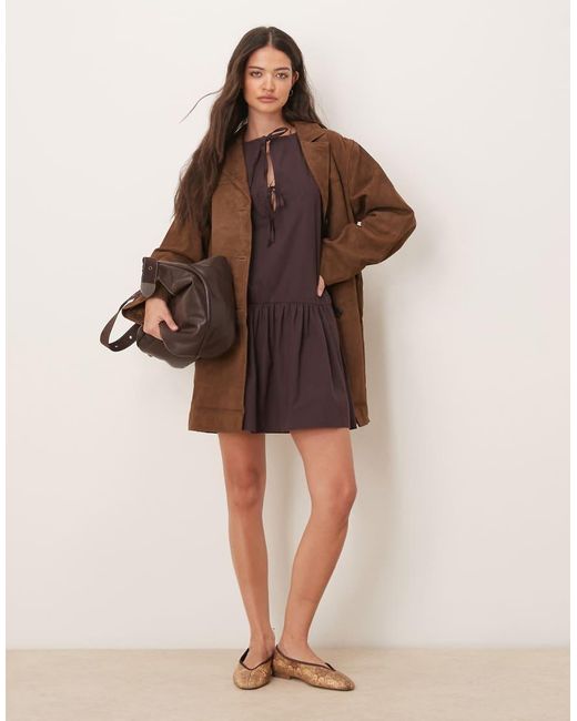 ASOS Brown Poplin Keyhole Detail Drop Waist Mini Dress