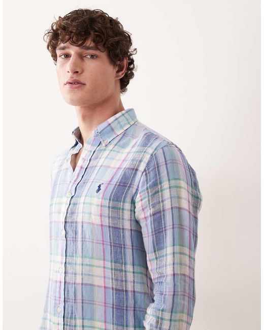 Polo Ralph Lauren Blue Icon Logo Checked Linen Long Sleeve Shirt for men