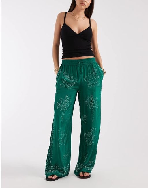 River Island Green Heat Seal Diamante Wide Leg Pants