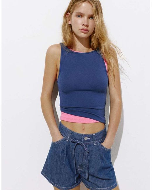 Pull&Bear Blue Denim Shorts With Darts And Belt