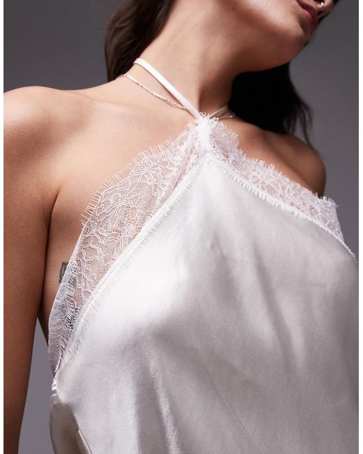 TOPSHOP Gray Satin Halter With Lace Trim