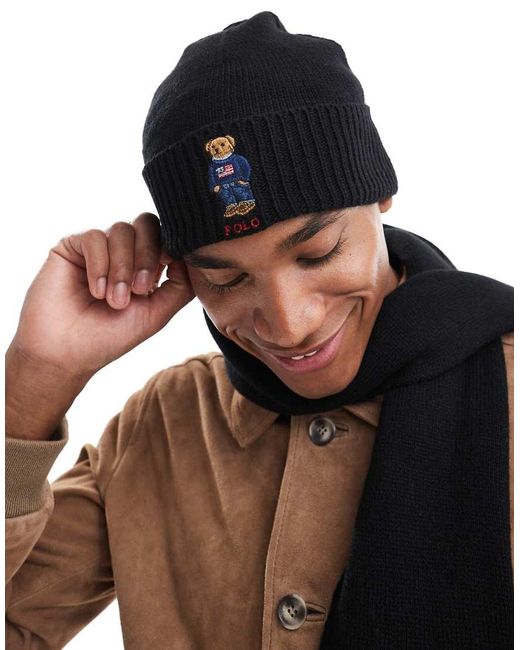 Polo Ralph Lauren Brown Wool Knit Scarf And Hat Gift Set With Bear Logo for men