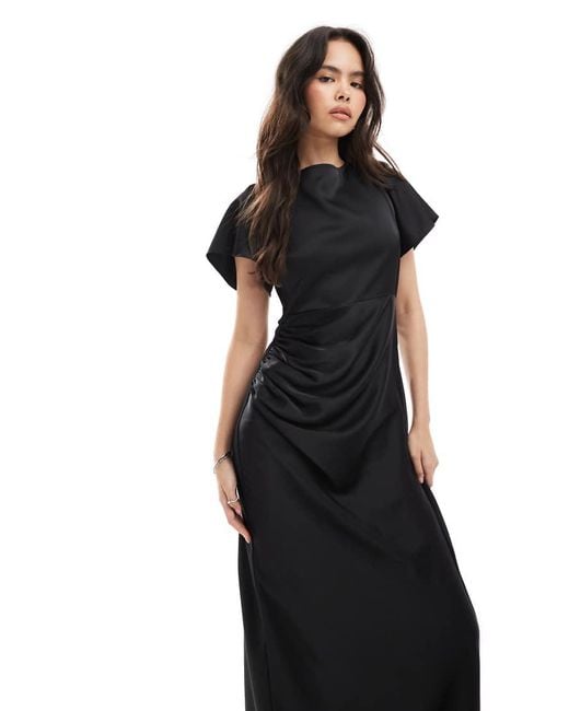 Six Stories Black Bridesmaid Flutter Sleeve Satin Maxi Dress