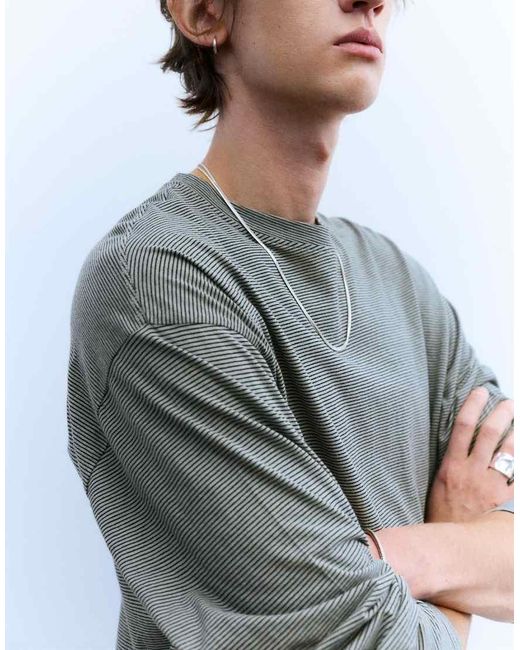 Pull&Bear Blue Long Sleeve Striped T-shirt for men