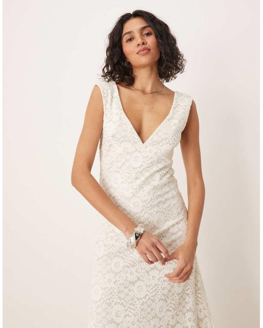 ASOS Natural Lace V Front Midi Dress With Frill Hem