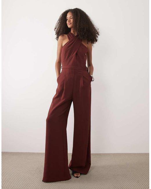 Mango Purple Twist Detail Halterneck Belted Jumpsuit