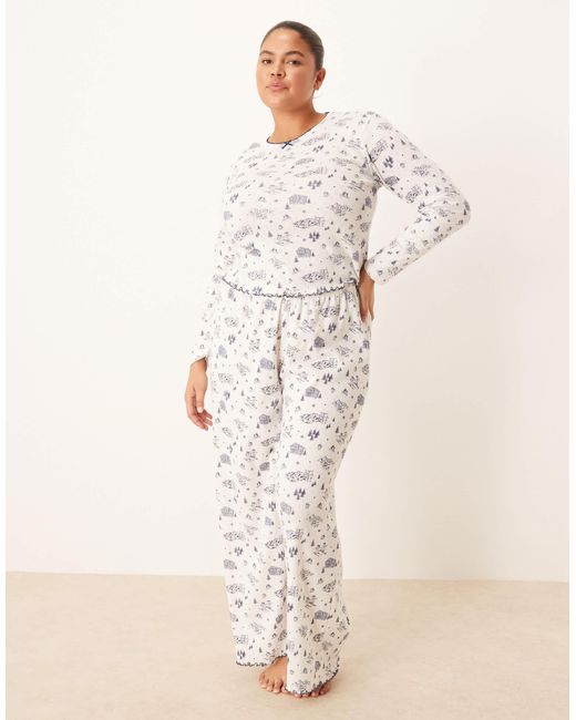 ASOS Natural Asos design curve – pyjama-set mit langärmligem shirt und hose aus pointelle mit landschafts-print
