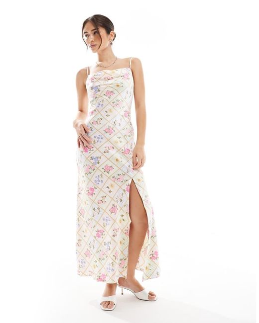 New Look White Floral Tile Print Satin Slip Dress