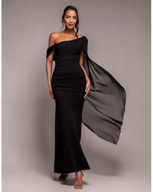Goddiva Brown One Shoulder Cape Sculpting Stretch Jersey & Chiffon Maxi Dress