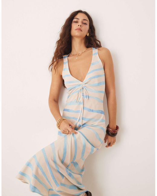 Robe mi-longue rayée à décolleté en v, liens et fronces - bleu ASOS en coloris Natural