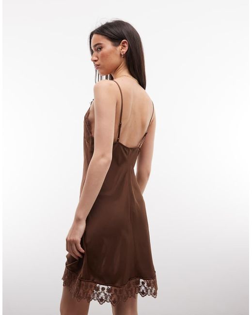 Monki Brown Lace Detail Satin Slip Mini Dress