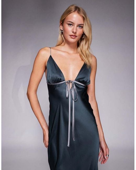ASOS Blue Asos Design Tall Satin Bias Cut Cami Midi Dress With Contrast Tie Detail