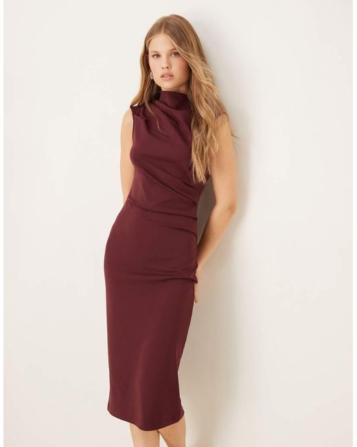 Mango Red Ruched Detail High Neck Sleeveless Midi Dress