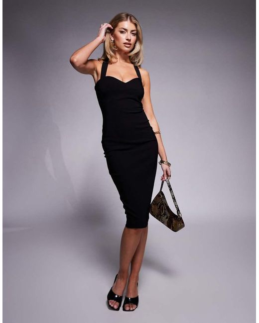 Vesper Black Sweetheart Neckline Midi Dress With Cross Back Straps