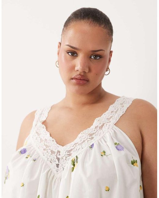 ASOS White Asos Design Curve V-neck Smock Poplin Mini Sundress With Lace Overlay
