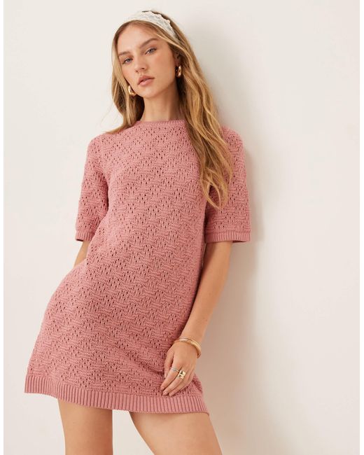 Robe t-shirt courte en maille à manches mi-longues ASOS en coloris Pink