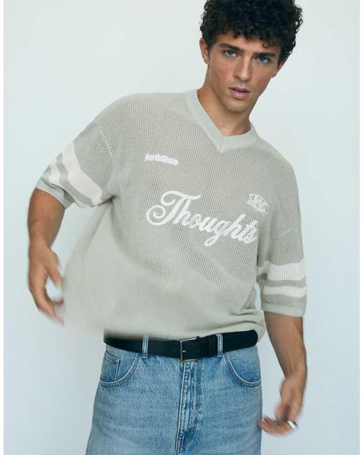 Bershka White Embroidered Mesh V-neck T-shirt for men