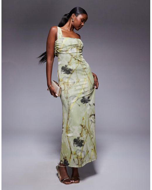 ASOS Multicolor – netzstoff-maxikleid mit grünem blumenprint und asymmetrischem bardot-ausschnitt mit einem camisole-träger