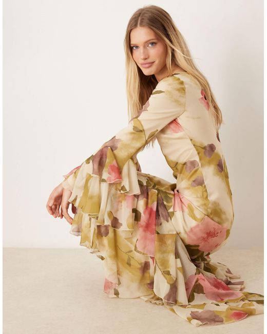 ASOS Brown Asymmetric Ruffle Hem Bias Cut Maxi Dress