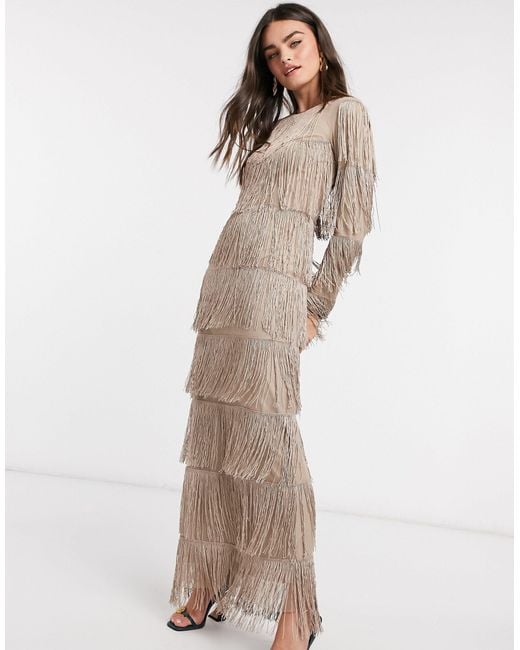 ASOS Natural Long Sleeve Fringe Column Maxi Dress