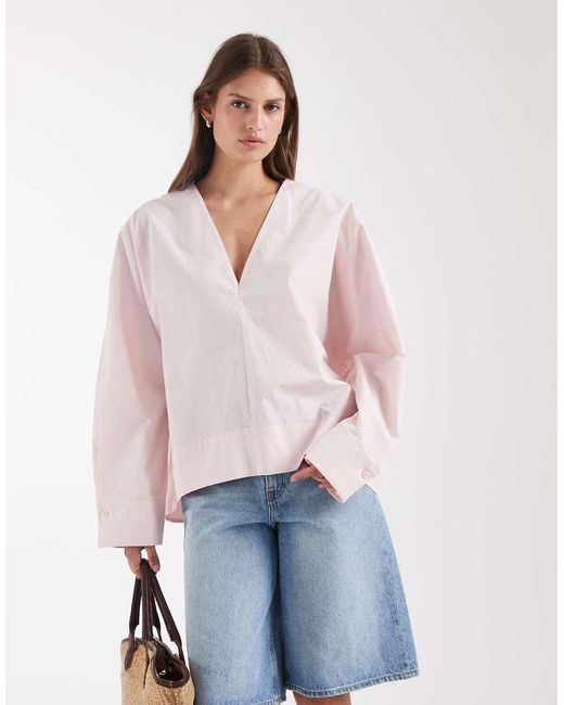 & Other Stories Pink Pure Cotton Poplin V Neck Balloon Shape Blouse