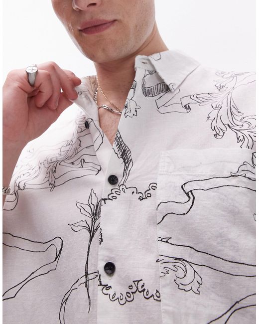 Topman White Short Sleeve Relaxed Printed Linen Blend Mix Shirt for men