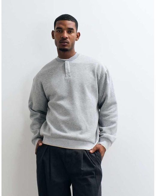ASOS Gray Bomber Henley Neck Sweatshirt With Stripe Ribs for men