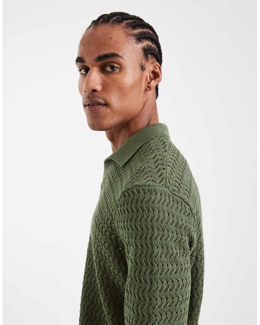 Only & Sons Green Open Knit Split Neck Polo for men