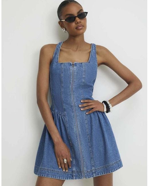 River Island Blue Denim Sleeveless Zip Front Swing Dress